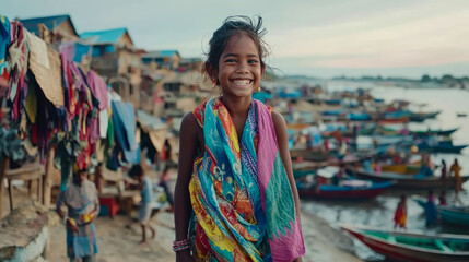 Obraz premium Portrait of Radiant Young Girl in Colorful Scarf by River Village - A Glimpse of Happiness