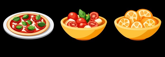 Three culinary offerings were made: fried rice balls on a platter, a sliced pizza garnished with tomatoes and basil, and a stack of yellow filled pasta