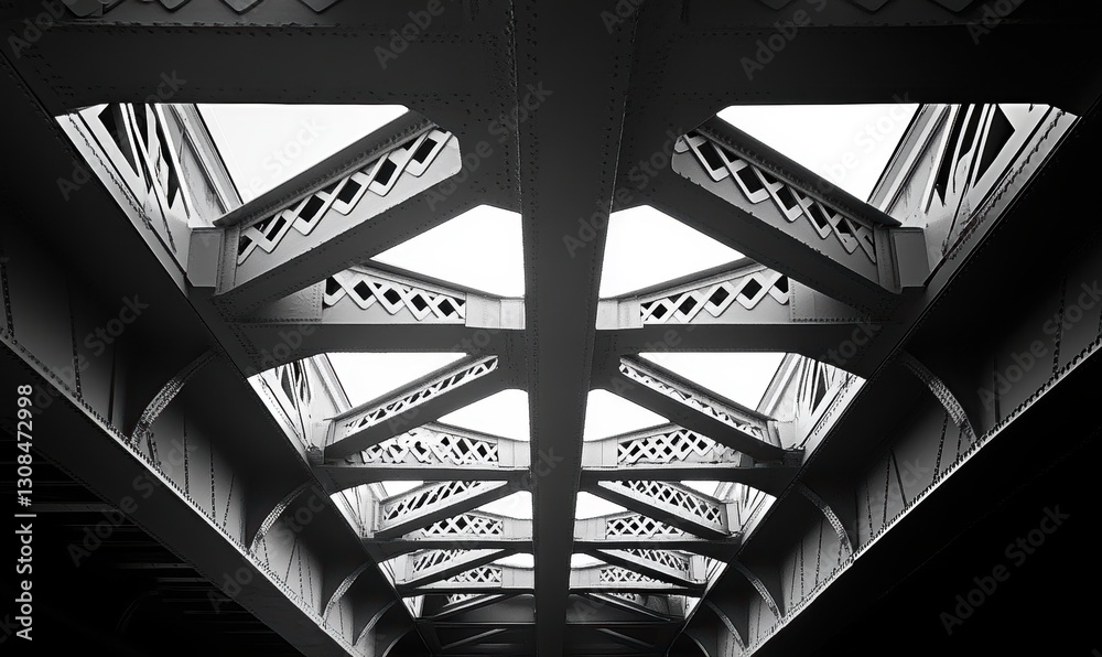 Poster artistic perspective of industrial bridge architecture with geometric patterns and light passing thr