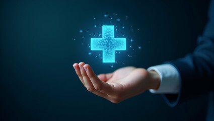 Flat Holographic cross and health symbol floating in a hand to represent digital healthcare solutions in integrated healthcare systems concept as Holographic cross and health symbol floating in a hand