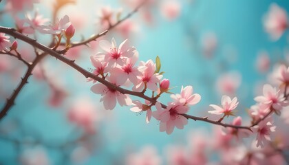 Cherry Blossom Branch Blooming Against a Soft Blue Sky Background