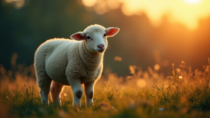 Fototapeta premium A lamb stands in a field at sunset, highlighting its woolly coat and gentle demeanor.