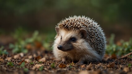 A cute hedgehog, rolling into a little ball, with its spiky body covered in tiny leaves.