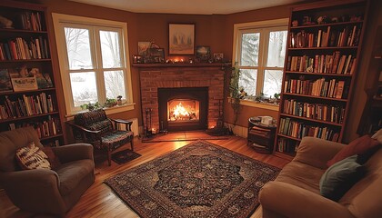 Cozy reading room with fireplace, bookshelves, and armchairs.