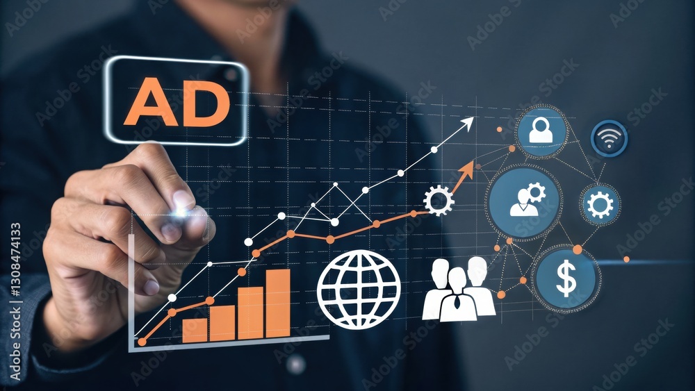 Poster advertising growth and progress: an abstract image showing a person analyzing advertisement with a d
