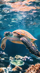 Fototapeta premium Sea turtle swimming underwater in a clear blue ocean.
