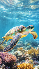 Obraz premium Sea turtle swimming over a colorful coral reef.