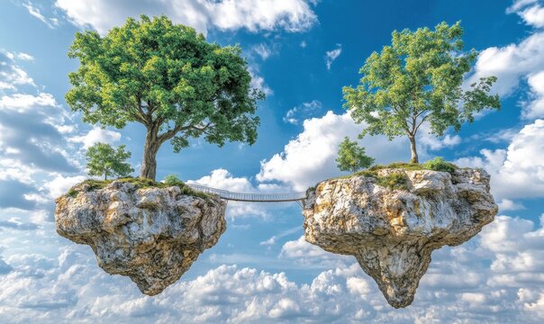 Fototapeta Floating islands connected by rope bridge in cloudy sky, ideal for surreal concepts