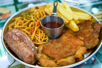 Hong Kong tea restaurant quick meal, chicken chop, pork chop with pasta