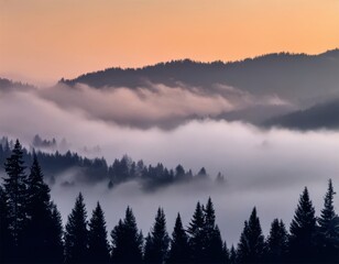 Naklejka premium peaceful mountain landscape with mist rolling over pine trees, in a soft, muted color palette perfect for backgrounds