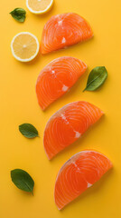 Salmon fillets with lemon and basil on yellow background