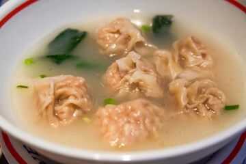 Close-up of delicious Cantonese style shrimp wontons