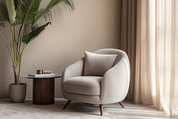 Fototapeta premium Modern armchair in beige living room with plant and side table