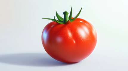 Ripe red tomato with green stem and leaves on a white background