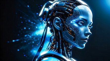 Profile close up of beautiful robot with female face. Dark abstract background with floating blue particles.	
