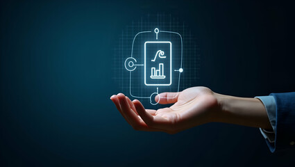 Hand holding holographic simplified process icon for low code development in empty space background concept as Hand presenting holographic simplified process icon representing streamlined low code dev