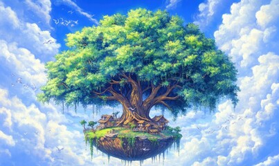 Fototapeta premium Giant tree village floating island in clouds with flying birds