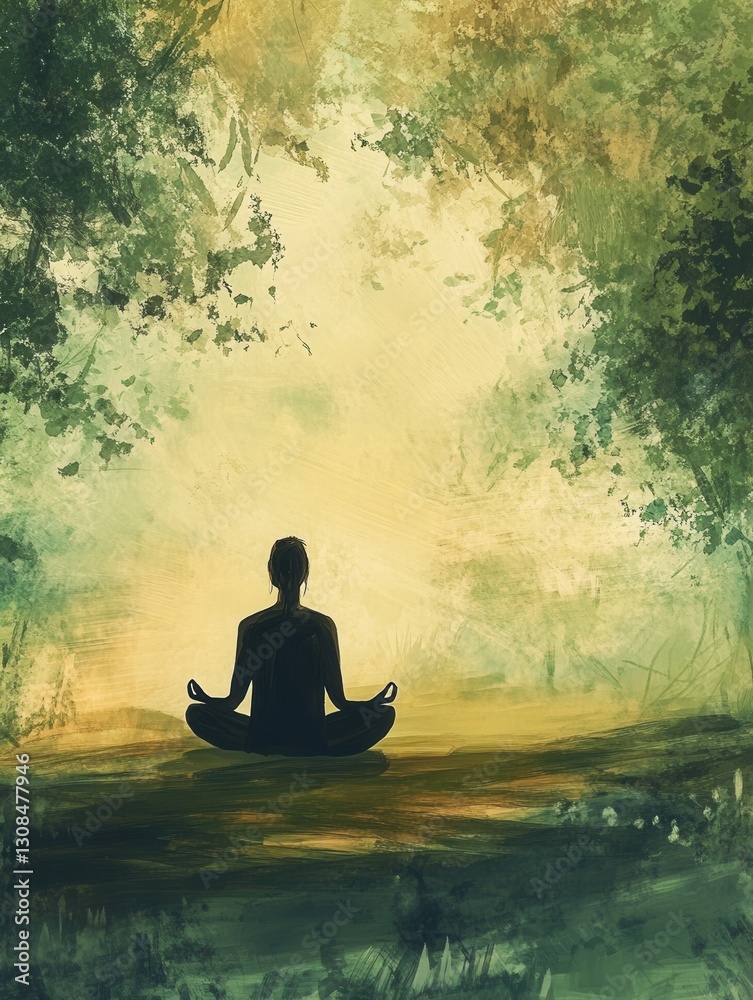 Aufkleber Meditation practice in serene nature at dusk with soft light creating a tranquil atmosphere for relaxation and mindfulness