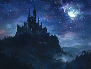 Enchanting Medieval Castle Beneath a Starry Sky: A Stunning Fairy Tale Landscape in Moonlight