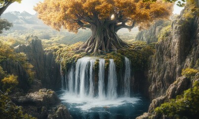 Fototapeta premium Golden tree on cliff with waterfall in fantasy forest landscape