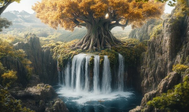 Golden tree on cliff with waterfall in fantasy forest landscape