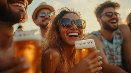 Friends gather together at a summer festival, sharing laughter, enjoying beers, and making joyful memories