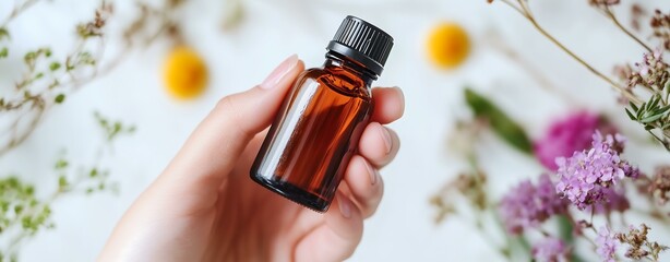 A hand holding a small amber glass bottle surrounded by colorful flowers and herbs.