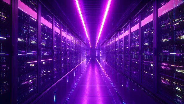Neon-lit server rack hallway