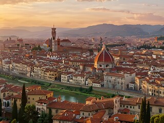 Obraz premium Scenic sunset view of Florence, Italy, with the iconic Duomo Cathedral. , generative AI