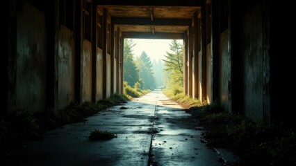 Fototapeta premium A long, narrow pathway is framed by tall, weathered walls, leading to a forested area in the distance.