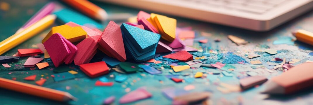 Creative Software Logos: Adobe InDesign Icons Piled on a Table with Copy Space for Graphic Design Promotion