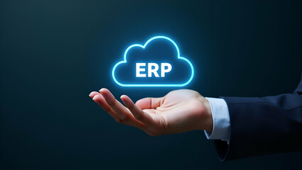 Hand holding holographic efficiency icon illustrating ERP software efficiency in cloud based setup minimal background concept as A hand shows holographic efficiency icon symbolizing ERP software effic
