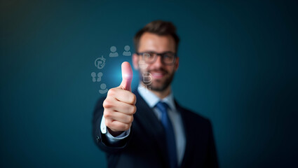Professional Holographic Thumbs Up for Project Success: Futuristic Solutions in Photo Stock with Icons of Achievement and Empty Space for Customization