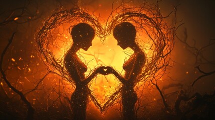 Two human-like silhouettes made of glowing tree branches face each other, forming a heart illuminated by radiant orange light. A captivating image of unity and emotion.. AI Generation