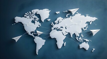 Naklejka premium Global Connections Paper airplanes linked to a world map, symbolizing international travel and communication.