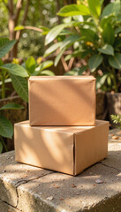 Eco-friendly food packaging displayed on rustic stone surface, sustainability