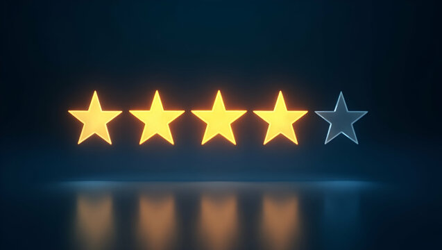 Flat A holographic review system with glowing 5 star ratings being interactively selected to represent customer satisfaction and feedback concept as Holographic review system featuring glowing 5 star 