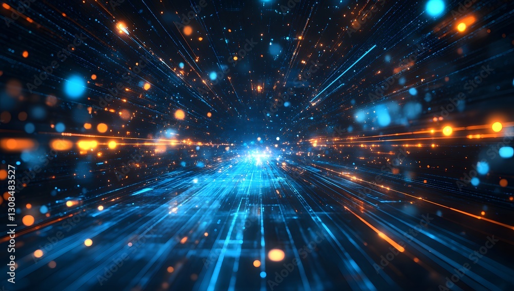 Poster futuristic digital tunnel with glowing particles