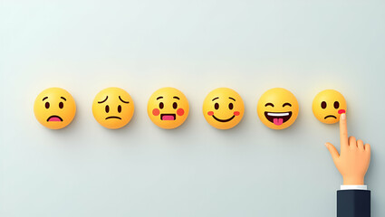 Emotional Feedback: A Flat Row of Emojis from Sad to Happy with Finger Selecting Joyful Response
