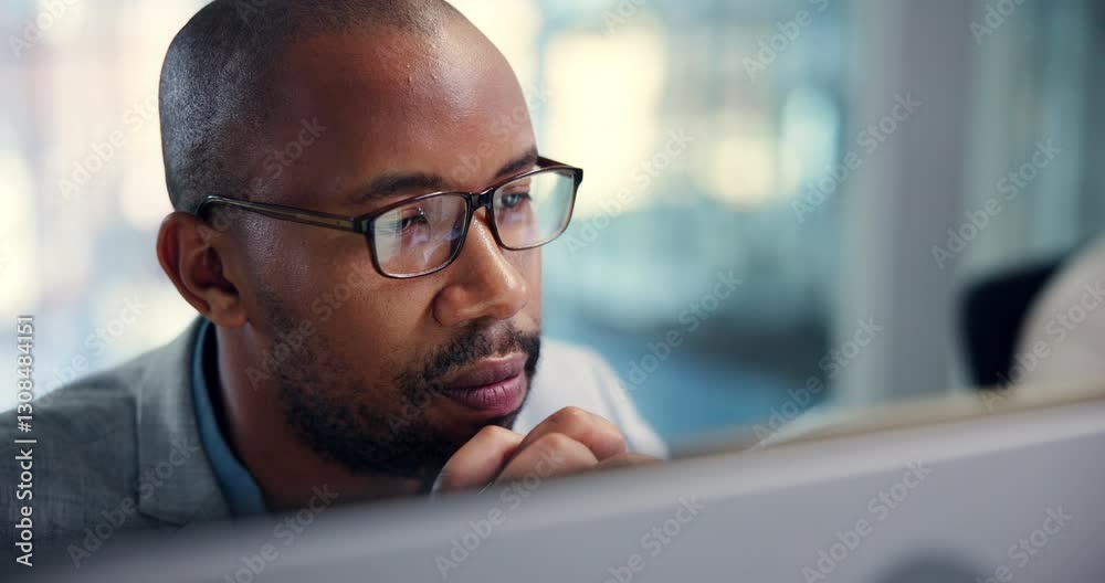 Poster Office, businessman and thinking with computer for reading, software glitch or error for ux developer. Coworking, male person and web designer with digital for problem solving, seo solution or stress