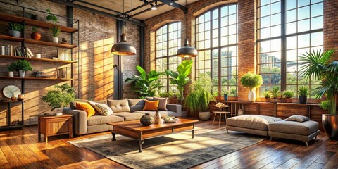 Fototapeta premium Urban Exploration Loft Living Room: Natural Wood, Sunlight, Industrial Chic Interior Design
