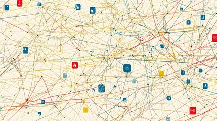Abstract network illustration with colorful lines and icons.  Ideal for technology, connection, and global concepts.