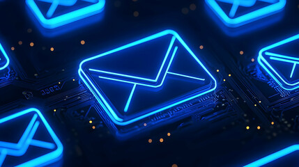 Fototapeta premium Neon Email Icons on Circuit Board Background for Digital Communication