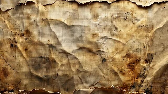 A close-up of an old, crinkled paper texture with brown tones, featuring creases and worn-out areas.
