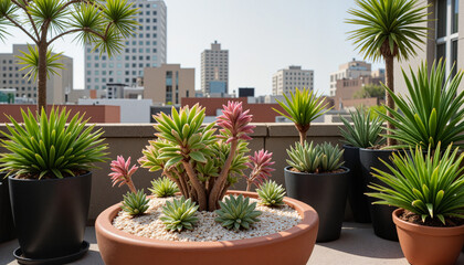 Fototapeta premium Vibrant rooftop garden showcasing succulent arrangement in terracotta pot, embodying drought-resistant beauty