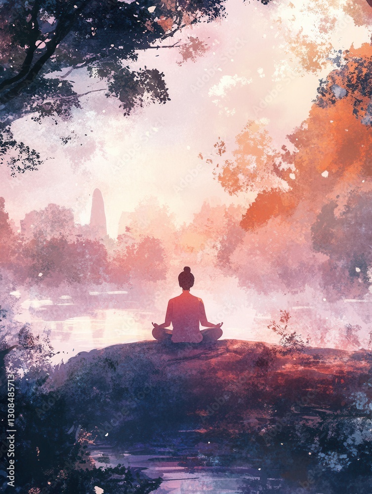 Aufkleber meditation in tranquility surrounded by nature with soft light illuminating a peaceful setting at da
