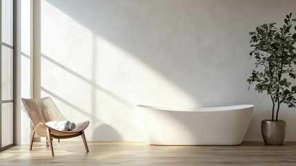 Fototapeta premium Minimalist Bathroom Interior with Bathtub and Modern Armchair