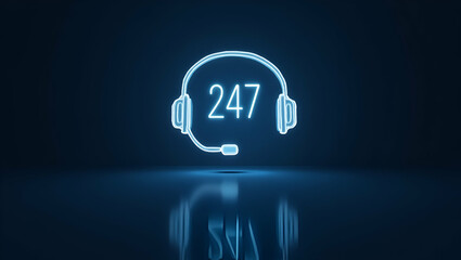 Holographic Headset Icon: Symbolizing 24/7 Customer Service & Support Tools in a Digital Environment - Stock Photo Concept with Empty Space for Customization