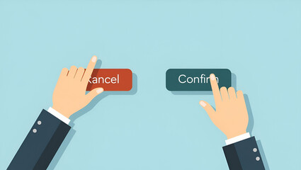 Flat Hand Engaging with Floating Cancel and Confirm Buttons in a Digital Interface Illustration