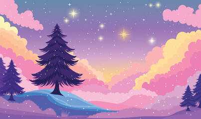 Naklejka premium Pine Trees in Nature Landscape with Beautiful Majestic Sky Panoramic with Twinkling Stars at Night